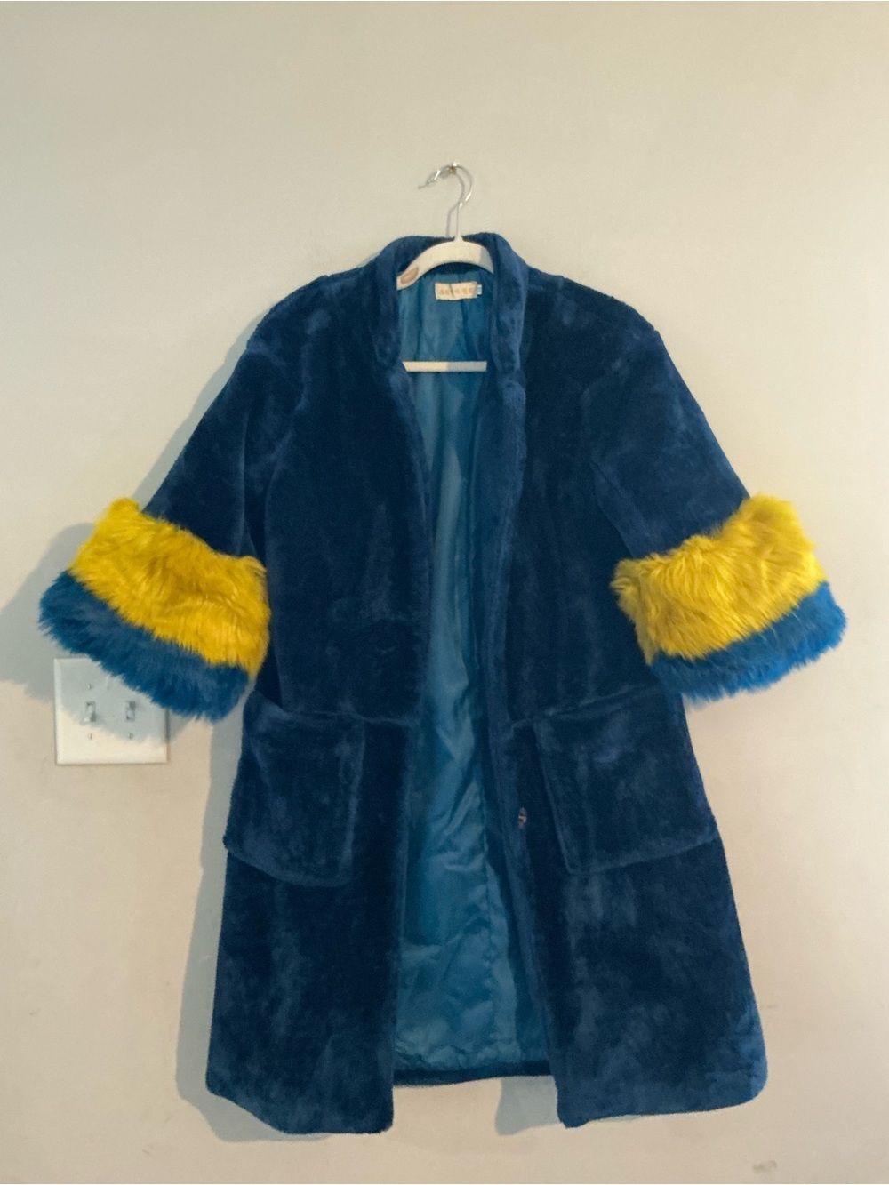 Blue Faux Fur Coat with Yellow Accent Cuffs